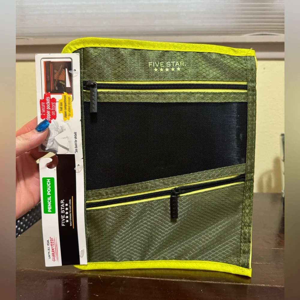 MEAD FIVE STAR Durashield Pen Pencil Pouch for Binder Zippered Black Green NEW